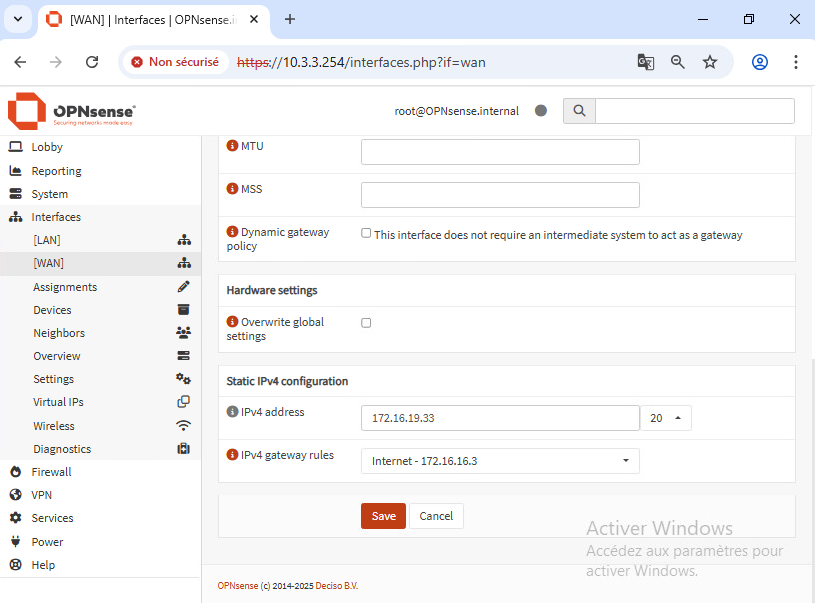 Tableau de bord et interfaces OPNsense